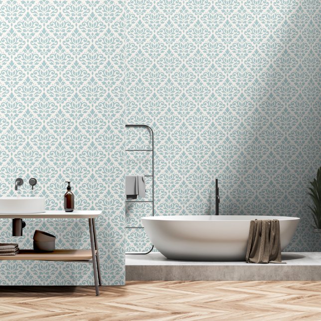 Scroll Damask Pattern Light Blauwgroen op Cream Behang (Badkamer)