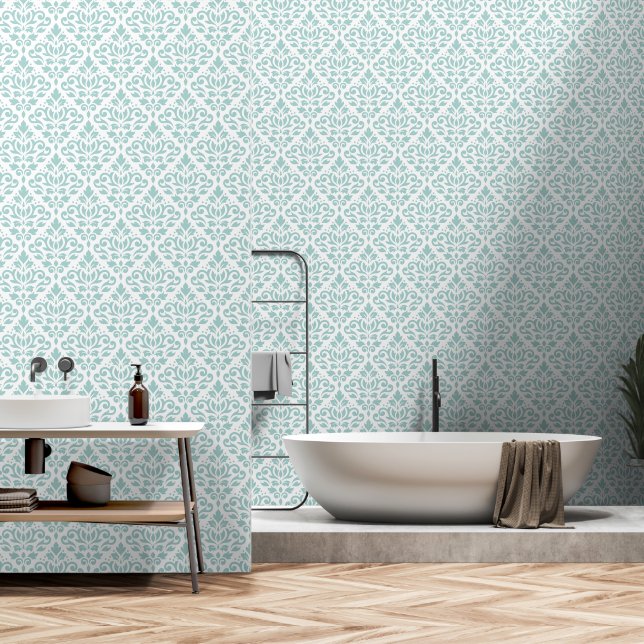 Scroll Damask Pattern Light Blauwgroen op wit Behang (Badkamer)