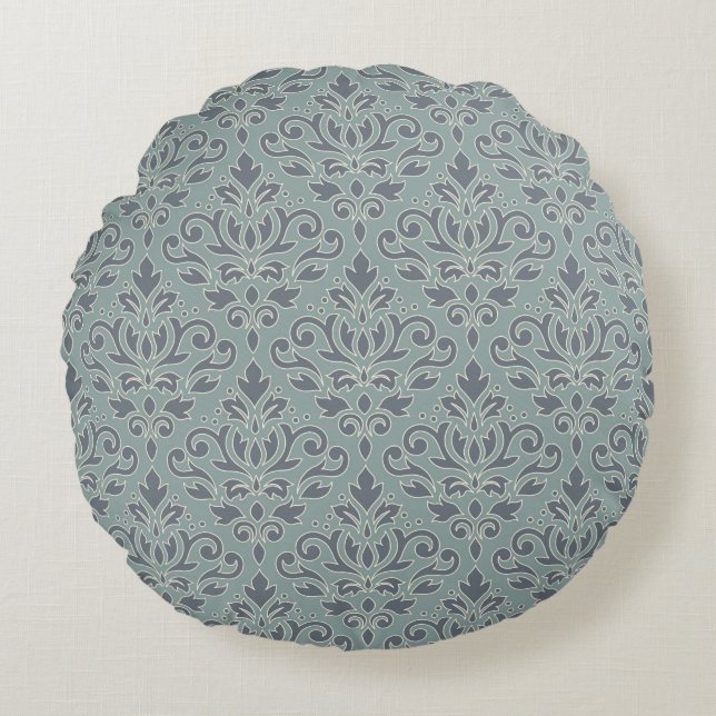Scroll Damask Pattern (overzicht) Cream Blues Blau Rond Kussen (Voorkant)