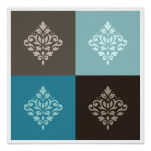 Scroll Damask Pattern Squares Teals Bruins Wit Perfect Poster