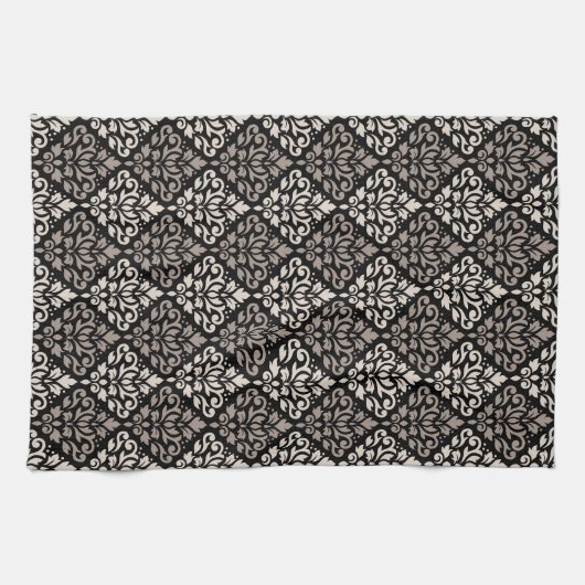Scroll Damask Pattern Taupe Cream Black Theedoek (Horizontaal)