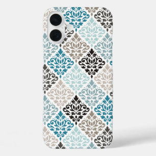 Scroll Damask Pattern Teals Bruins Wit iPhone 16 Plus Hoesje