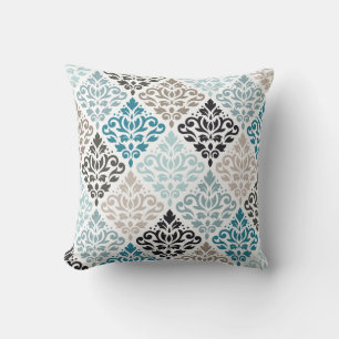Scroll Damask Pattern Teals Bruins Wit Kussen