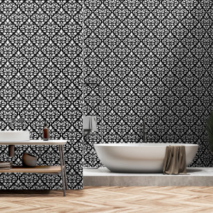 Scroll Damask Pattern Wit op Zwart Behang