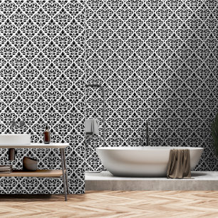 Scroll Damask Pattern Zwart op Wit Behang