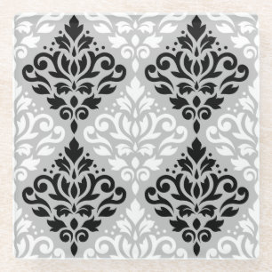 Scroll Damask Ptn B&W op grijs Glazen Onderzetter