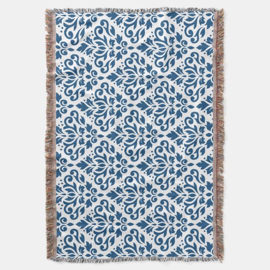 Scroll Damask Ptn DK Blauw op Wit Deken (Voorkant Verticaal)