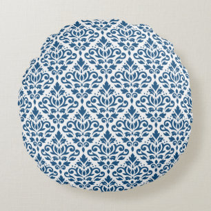 Scroll Damask Ptn DK Blauw op Wit Rond Kussen
