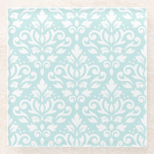 Scroll Damask Ptn White op Duck Egg Blue Glazen Onderzetter