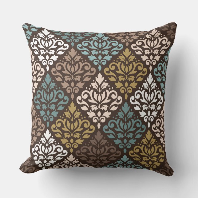 Scroll Damask Rpt Ptn-scheuren Gold Crm White Kussen (Voorkant)