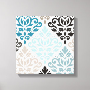 Scroll Damask XLg Pattern Art Teals Browns Wit Canvas Afdruk
