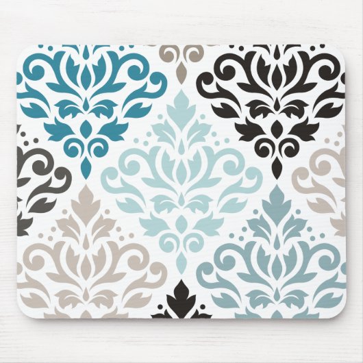 Scroll Damask XLg Pattern Art Teals Browns Wit Muismat (Voorkant)