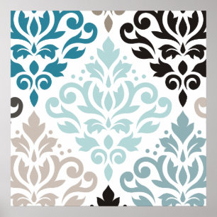 Scroll Damask XLg Pattern Art Teals Browns Wit Poster