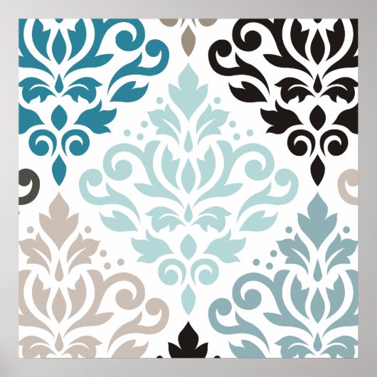 Scroll Damask XLg Pattern Art Teals Browns Wit Poster (Voorkant)