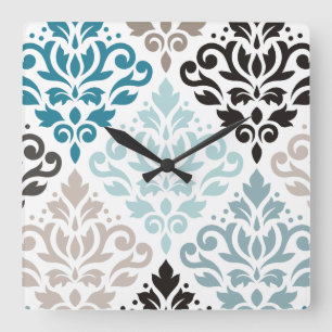 Scroll Damask XLg Pattern Art Teals Browns Wit Vierkante Klok