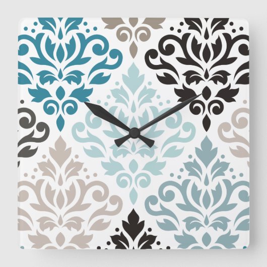 Scroll Damask XLg Pattern Art Teals Browns Wit Vierkante Klok (Voorkant)