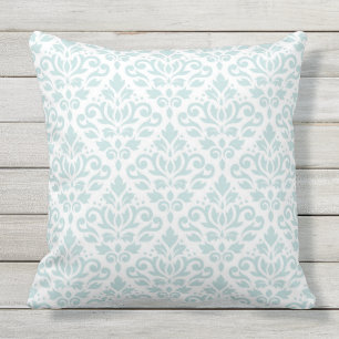 Scroll Damast Groot Ptn Lt Duck Egg Blauw op Wit Buitenkussen