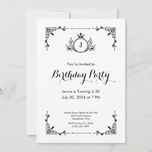Scroll Zwart-wit Verjaardagsuitnodiging Kaart (Voorkant)