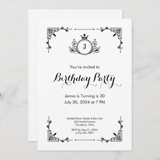 Scroll Zwart-wit Verjaardagsuitnodiging Kaart (Voorkant / Achterkant)
