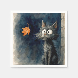 Scruffy Black Alley Cat met een herfstblad Servet