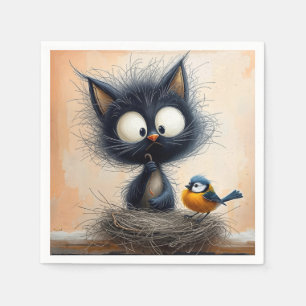 Scruffy breedogige kat met een worm voor een vogel servet