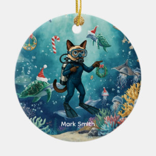Scuba Cat duikt Onderwater Kerstthema Keramisch Ornament