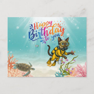 Scuba Diver Kat Verjaardag onder de zee Briefkaart