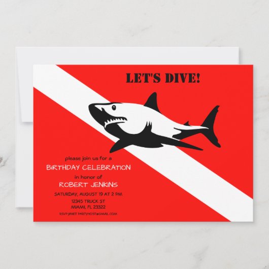 Scuba Diving Flag and Shark Photo Birthday Invitat Kaart (Voorkant)