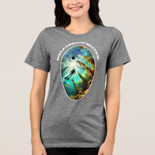 SCUBA-duiker Silhouette met Schildpad, Vis en Kelp Tri-Blend Shirt