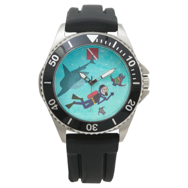SCUBA DUIKT MET HAAI EN SCHILDPAD HORLOGE (Voorkant)
