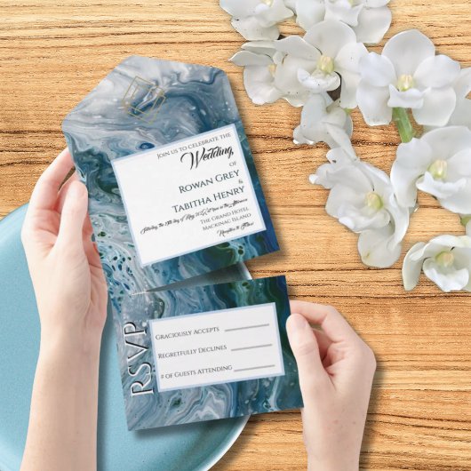 Sea Blues Alcohol Ink Wedding Invitation Elegance
