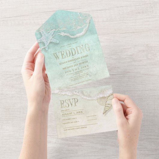 Sea Foam Beach Wedding ID837 All In One Uitnodiging (Afscheurbaar)