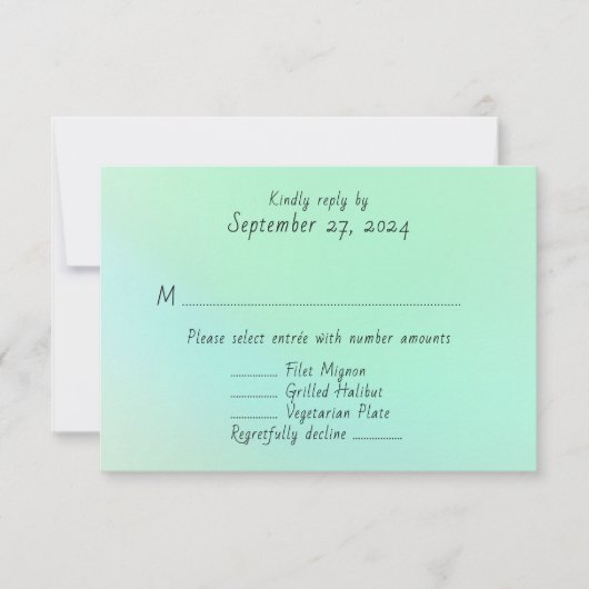 Sea Glass Green Menu Entrée Mariage Réponses Carte (Devant)