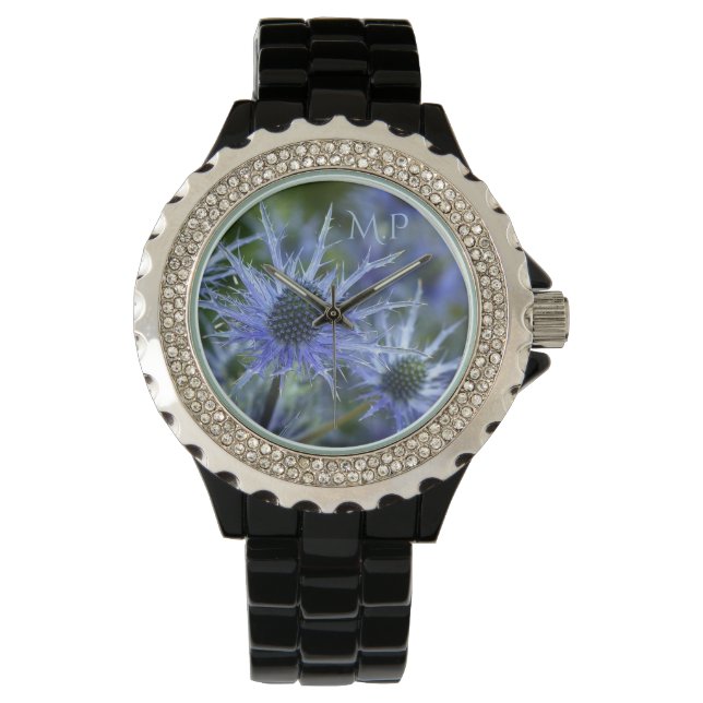 Sea Holly Thistle Monogram Horloge (Voorkant)