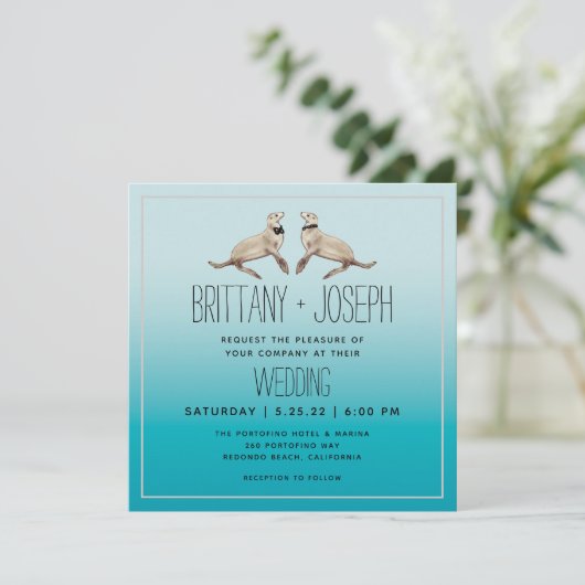 Sea Lions Bleu Turquoise Faire-part de mariage mod (Debout devant)