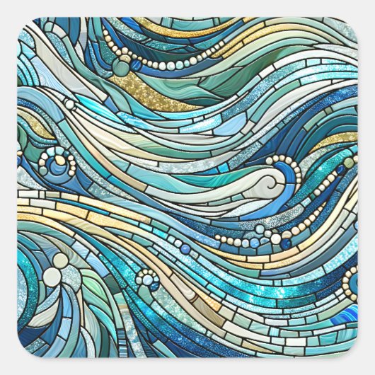 Sea of Waves Teal Mosaic Fine Art Vierkante Sticker (Voorkant)