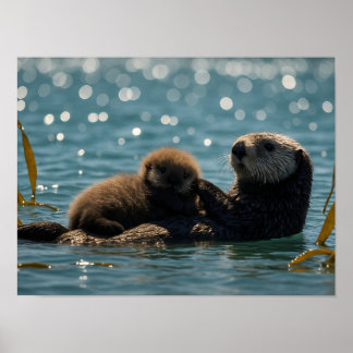 Sea Otter Mom & Pup Floating in Sparkling Ocean Poster
