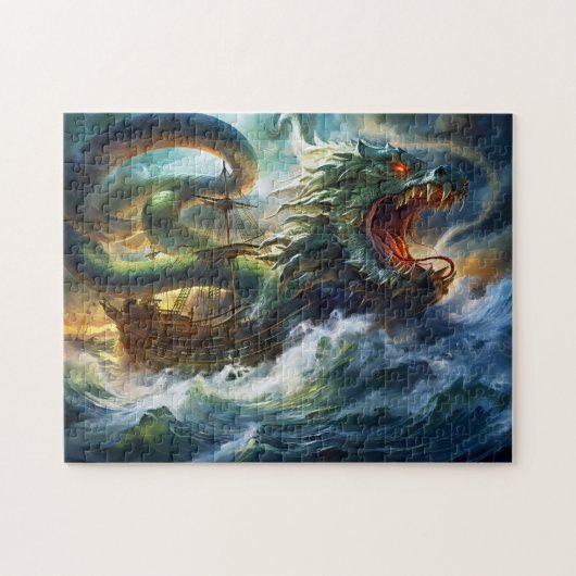 Sea Serpent Attacking Ship in Storm Fantasy Painti Legpuzzel (Horizontaal)