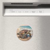 Sea Turtle and Baby on Beach Illustration Magneet (Insitu (Vaatwasser))