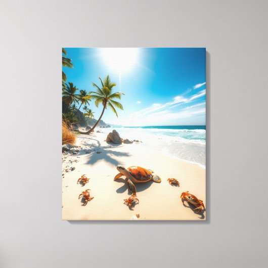 Sea Turtle & Crabs on Tropical Beach – Serene Ocea Canvas Afdruk (Voorkant)