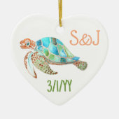 Sea Turtle Heart, Monogram Christmas Keramisch Ornament (Voorkant)