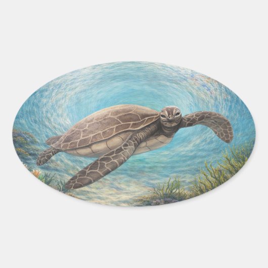 Sea Turtle in Ocean Vortex Ovale Sticker (Voorkant)