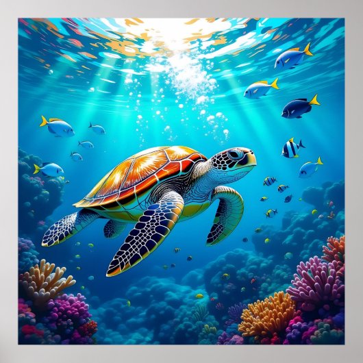 Sea Turtle Vibrant Colorful Underwater Scene Poster (Voorkant)