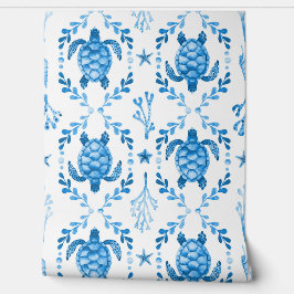 Sea Turtles and Starfish Coastal Blue Watercolor Behang