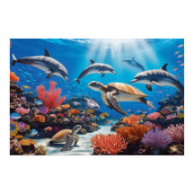 Sea Turtles & Dolphins in Colorful Coral Garden