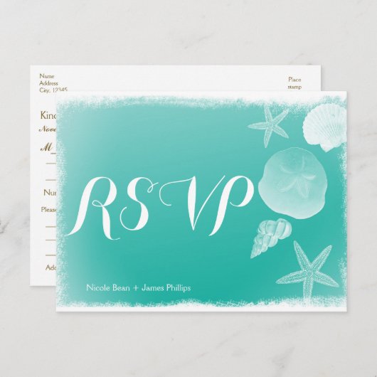 Seafoam Green Beach Seashell bruiloft RSVP Briefka Uitnodiging Briefkaart (Voorkant / Achterkant)