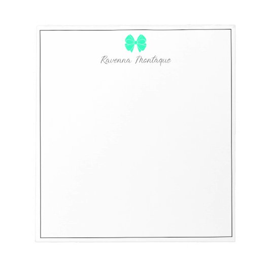 Seafoam Green Bow Border Script Custom Name Script Notitieblok (Voorkant)