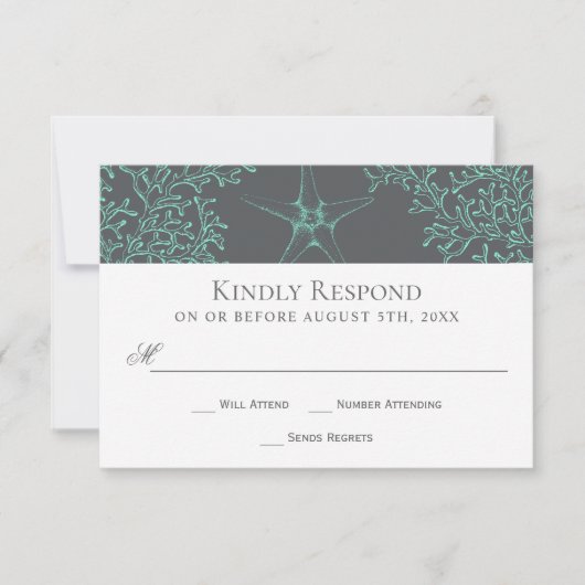 Seafoam Green en Grey Coastal Wedding RSVP (Voorkant)