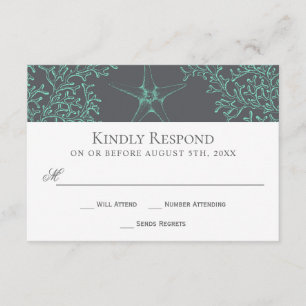 Seafoam Green en Grey Coastal Wedding RSVP Kaartje