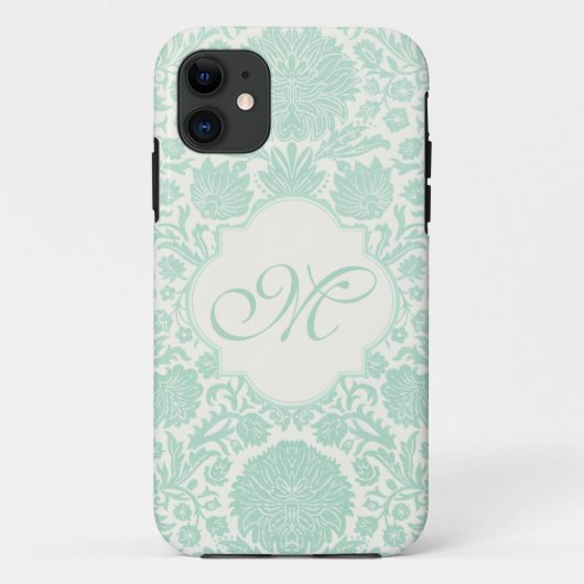 Seafoam Green Retro Floral Damask met Monogram Case-Mate iPhone Case (Achterkant)